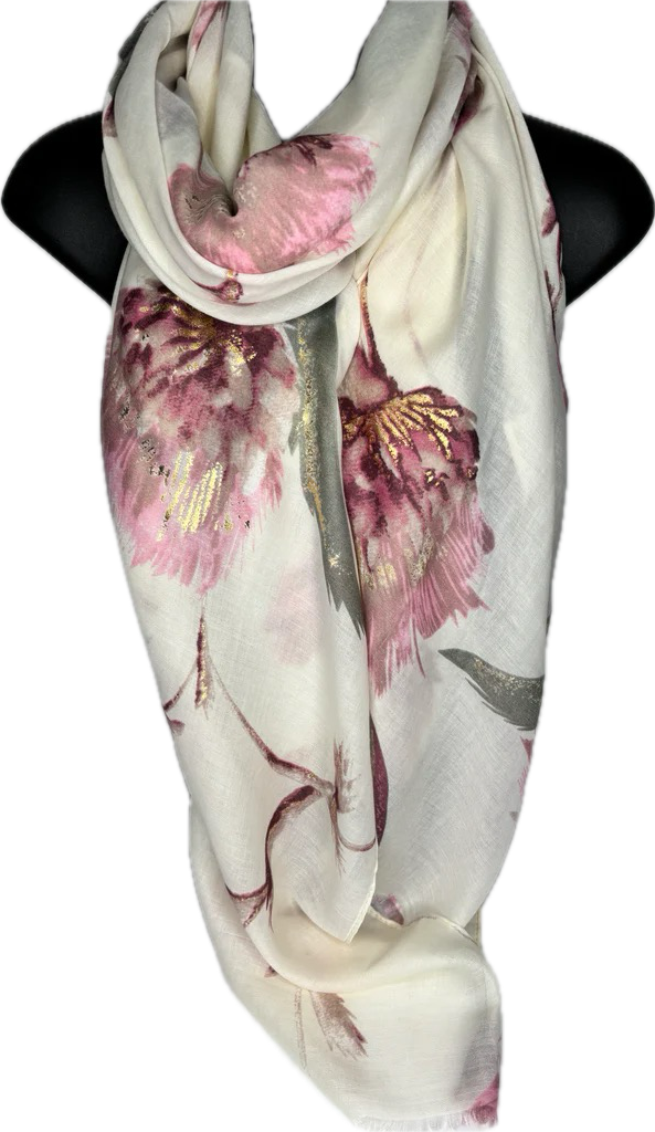 Pink, green and cream thistle floral printed scarf