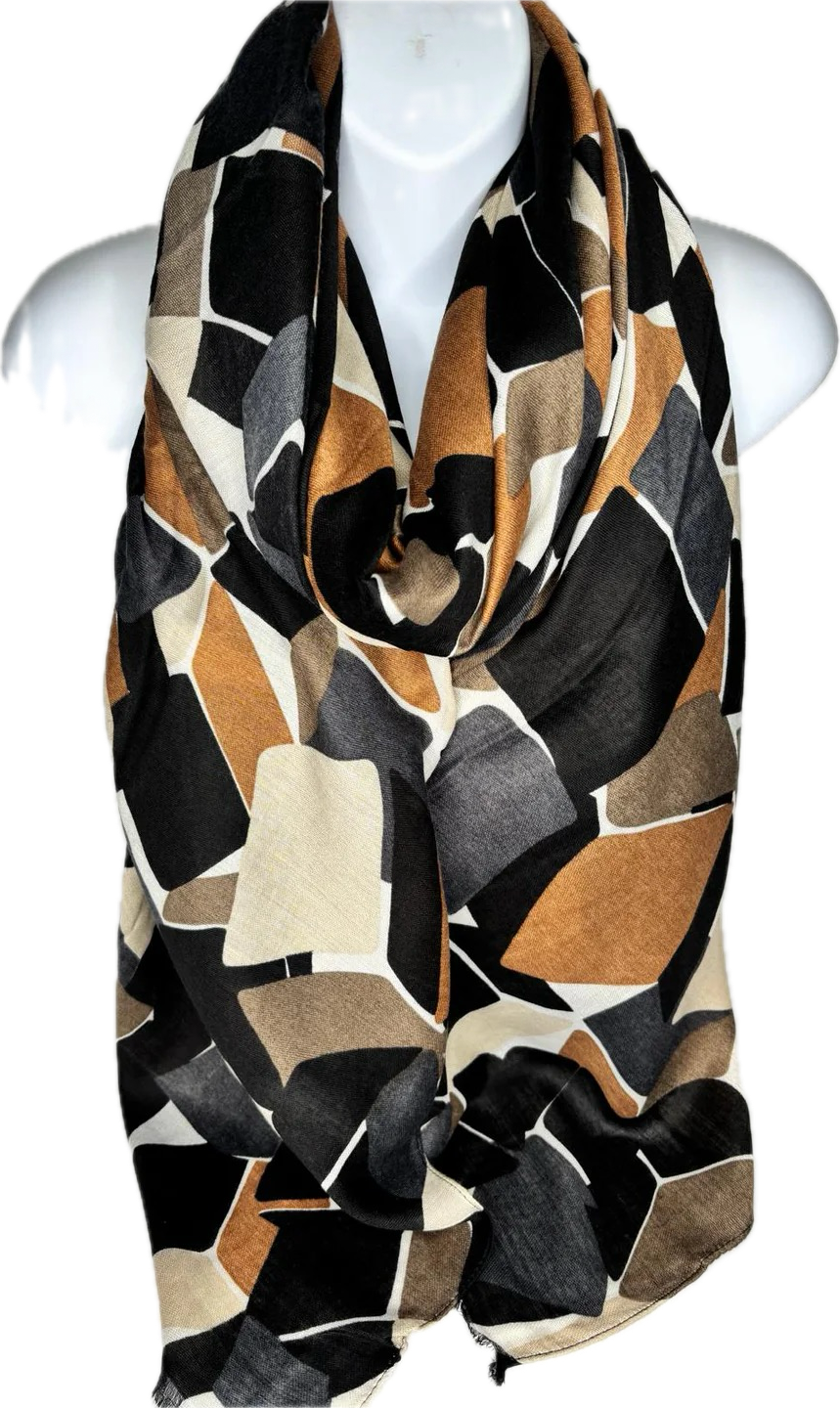 Tan, brown, grey and black block printed scarf
