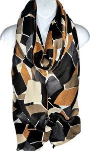 Tan, brown, grey and black block printed scarf