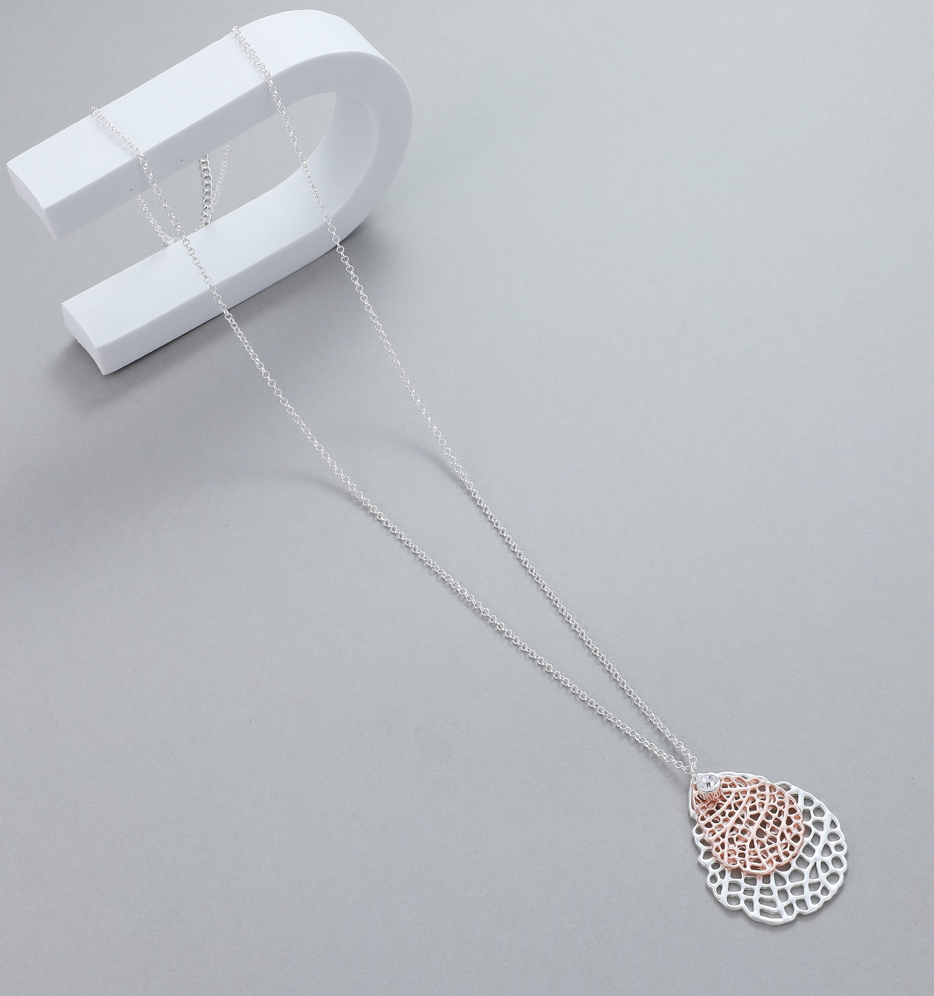 Long necklace, with matte rose gold and silver honeycomb pendant - on a fine, silver chain
