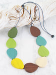 Adjustable organic wooden necklace, with teardrop effect stations, in shades of forest green, lime green, aqua blue, mustard, brown and cream