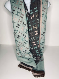 Cashmere mix, reversible, mint, grey and cream 'H' design scarf