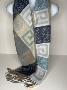Cashmere feel, reversible, blue, grey and cream 'G' design scarf