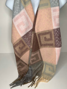 Cashmere feel, reversible, pink, brown and cream 'G' design scarf