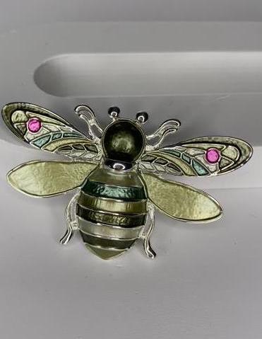 Magnetic brooch & scarf clip  - 'bumble bee' design in shades of shiny silver, olive green, dark green, hints of pink and khaki
