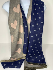 Cashmere mix, reversible, navy, pink and grey 'dot and heart' design scarf