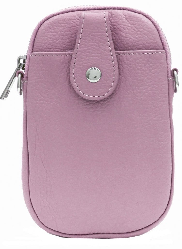 Genuine Italian Leather cross-body phone bag with adjustable strap in pink