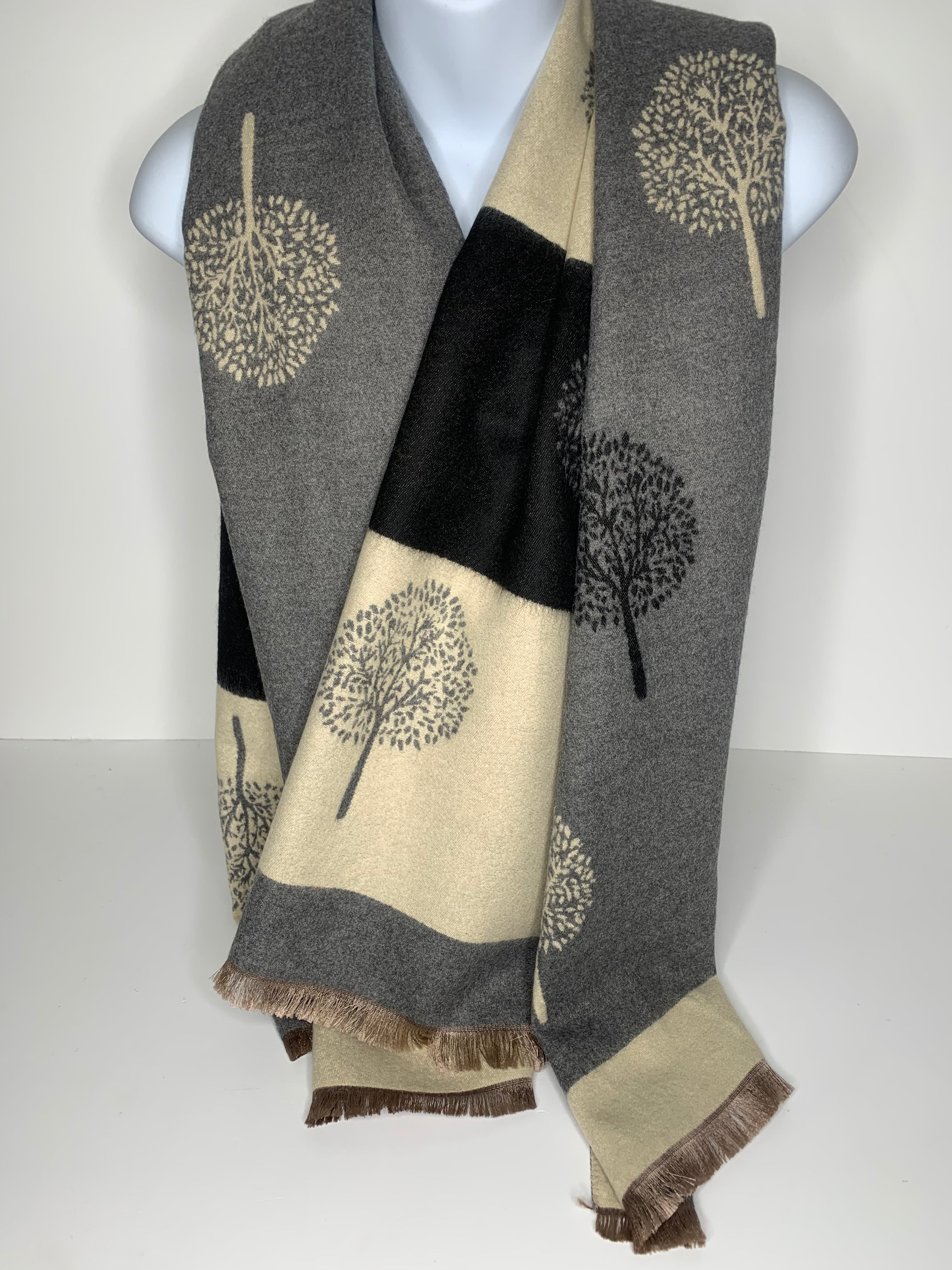 Cashmere-blend, super soft, striped, reversible grey, black and cream tree of life scarf