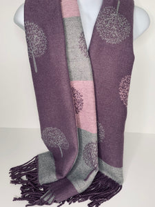 Cashmere-blend, super soft, striped, reversible tree of life design scarf in purple/grey/pink
