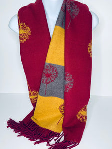 Cashmere-blend, super soft, reversible scatter dandelion scarf in red/grey/mustard