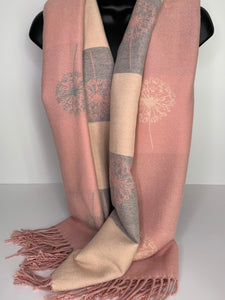Cashmere-blend, super soft, reversible scatter dandelion scarf in pink/grey/cream