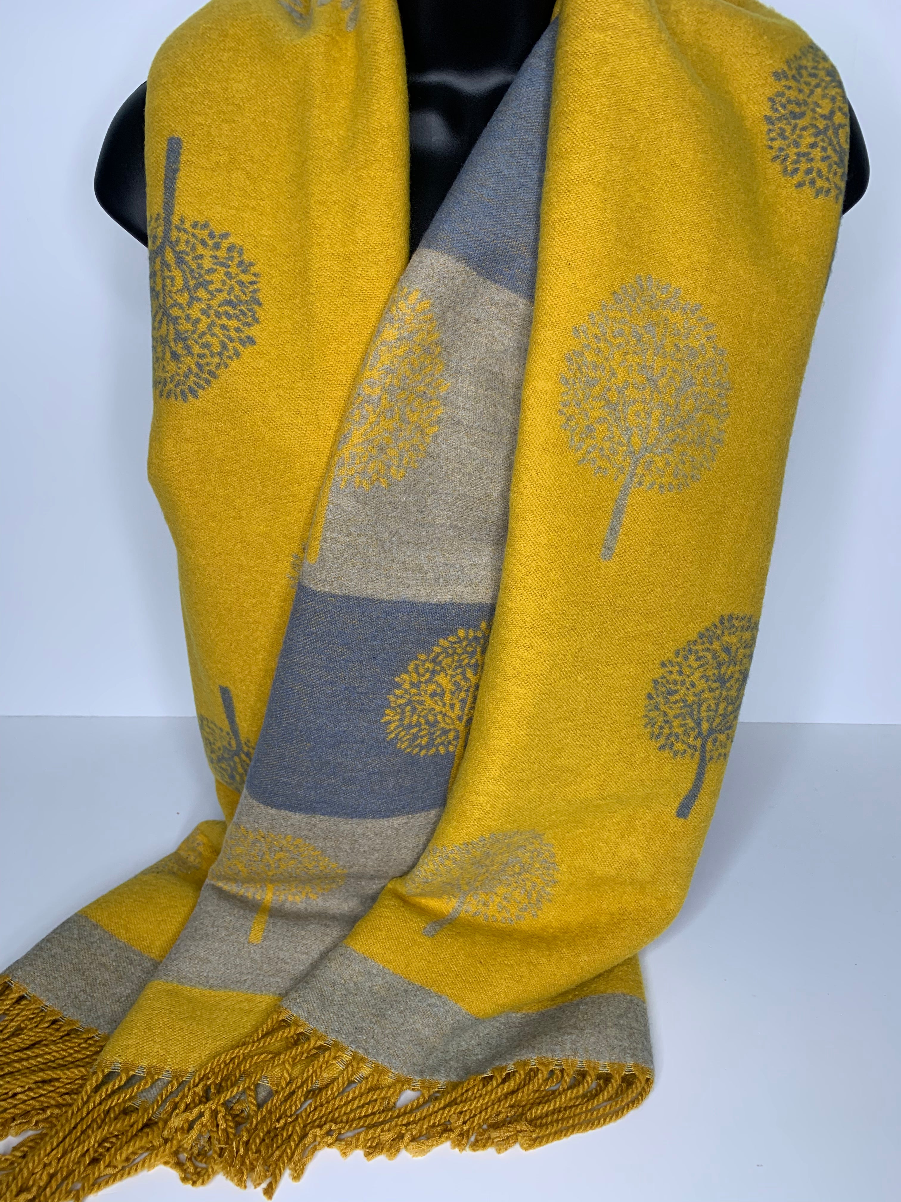Cashmere-blend, super soft, striped, reversible mustard light grey and dark grey tree of life scarf