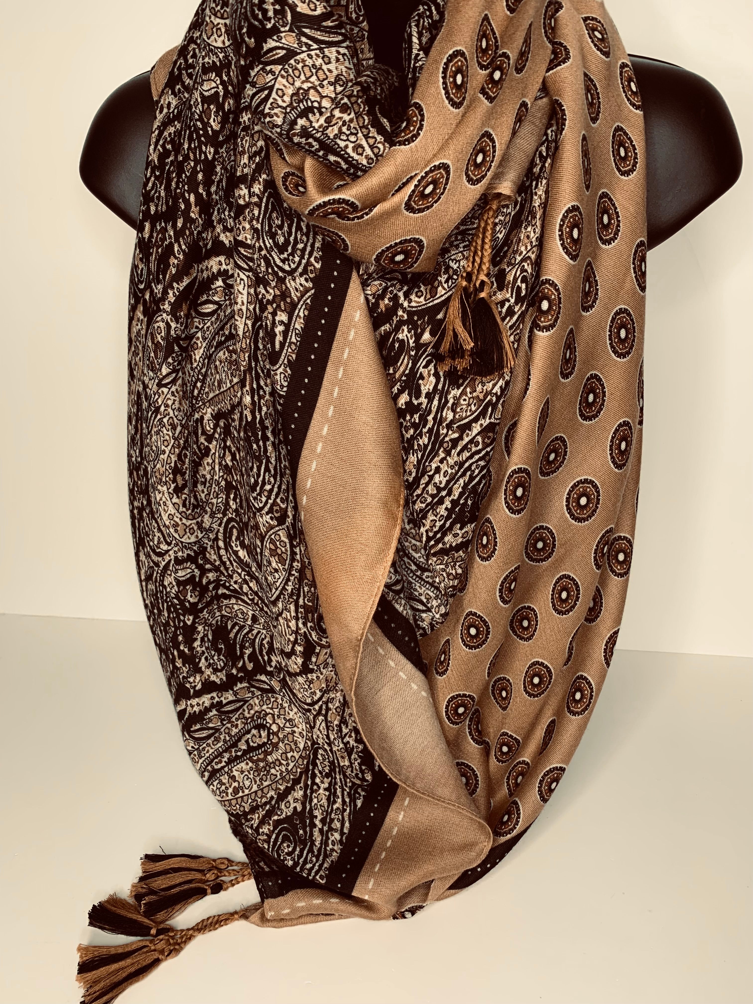 Black, tan and brown antique print scarf