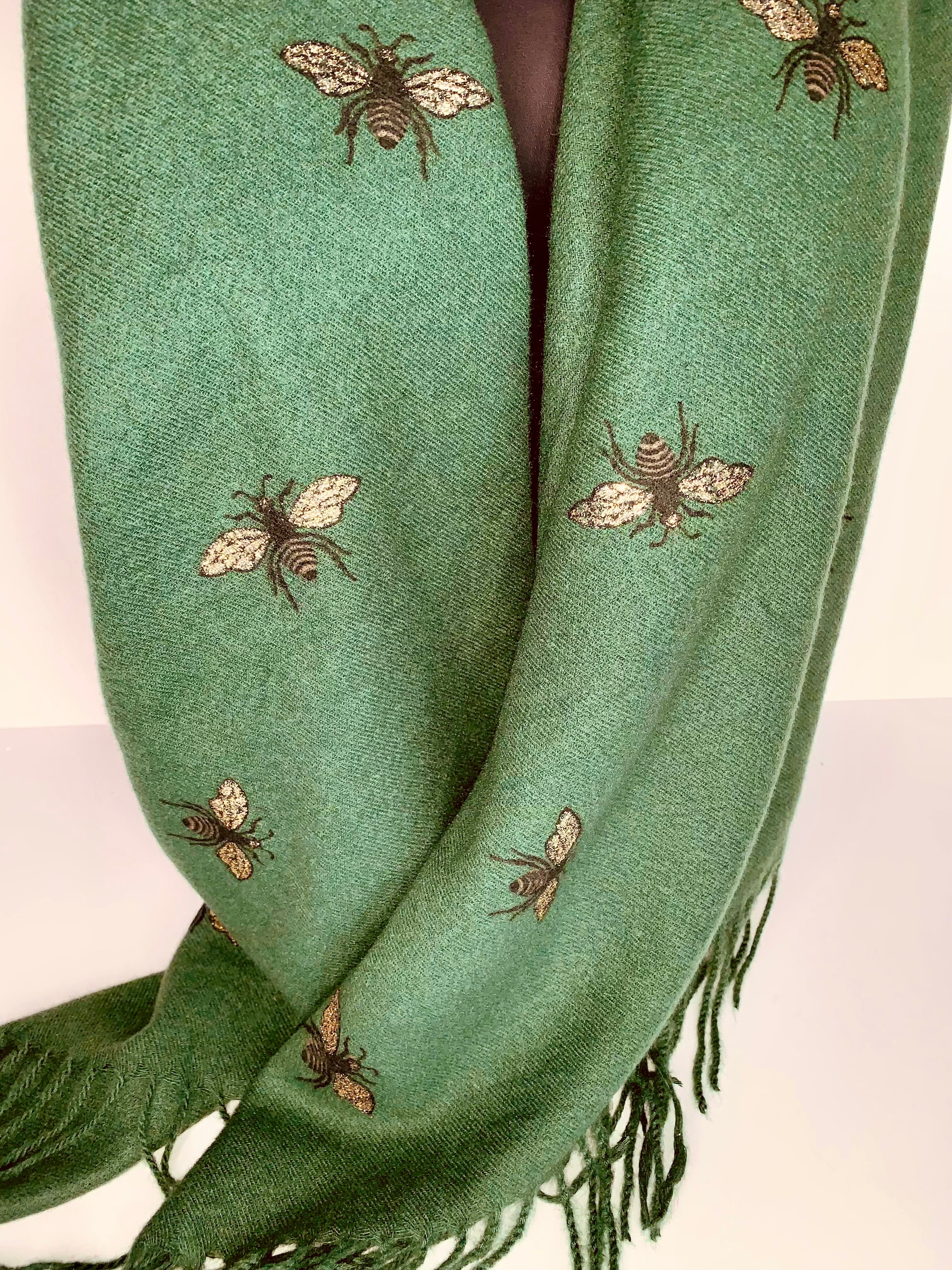 Cashmere-blend, super soft glitter bee scarf in green