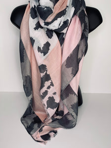 Grey, black, white and pink leopard print scarf