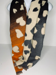 Cashmere feel, orange, cream and grey reversible scarf with heart print