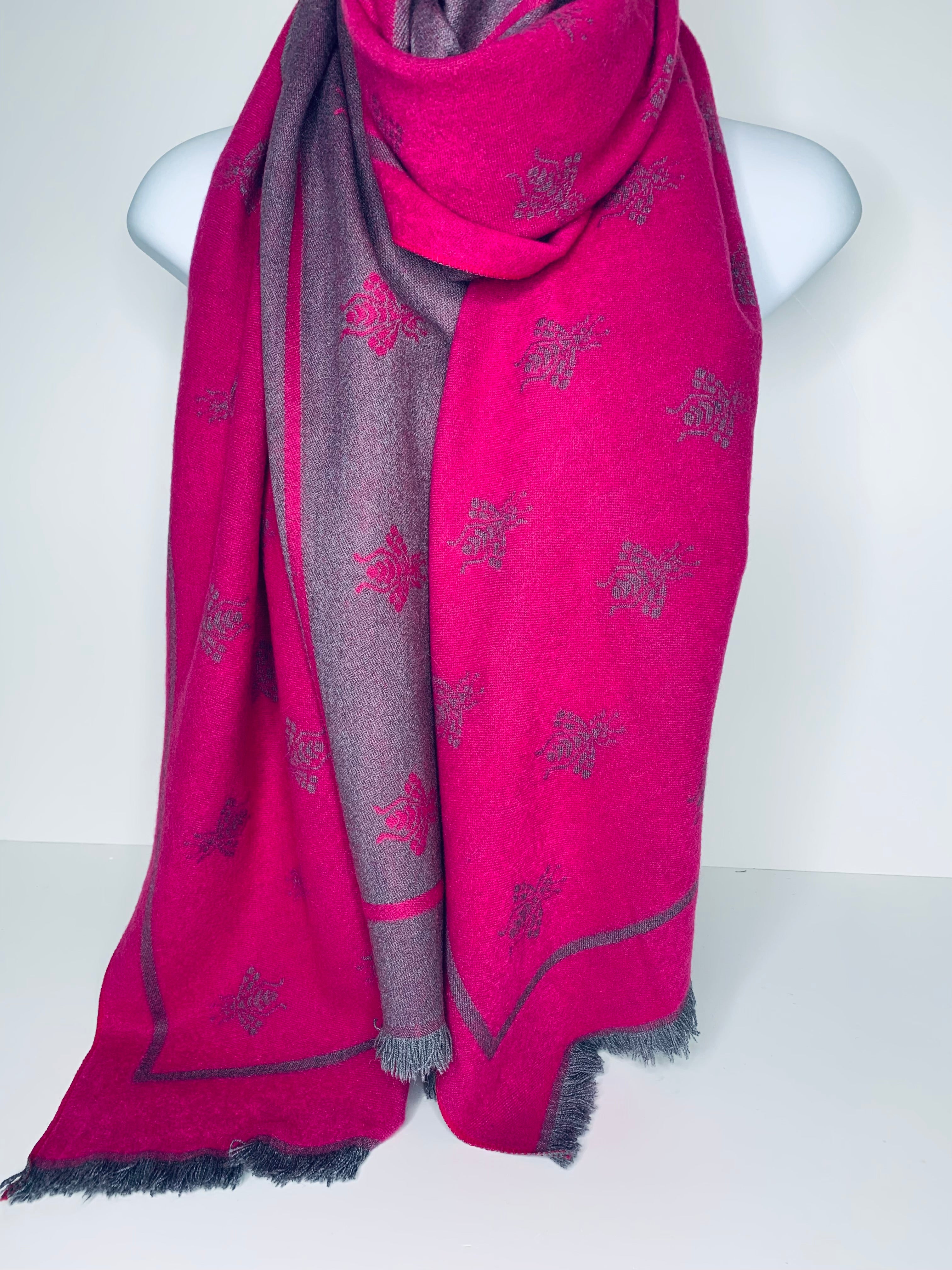 Reversible, cashmere blend bee print scarf in hot pink and grey
