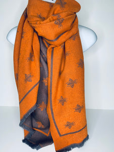 Reversible, cashmere blend bee print scarf in orange and grey