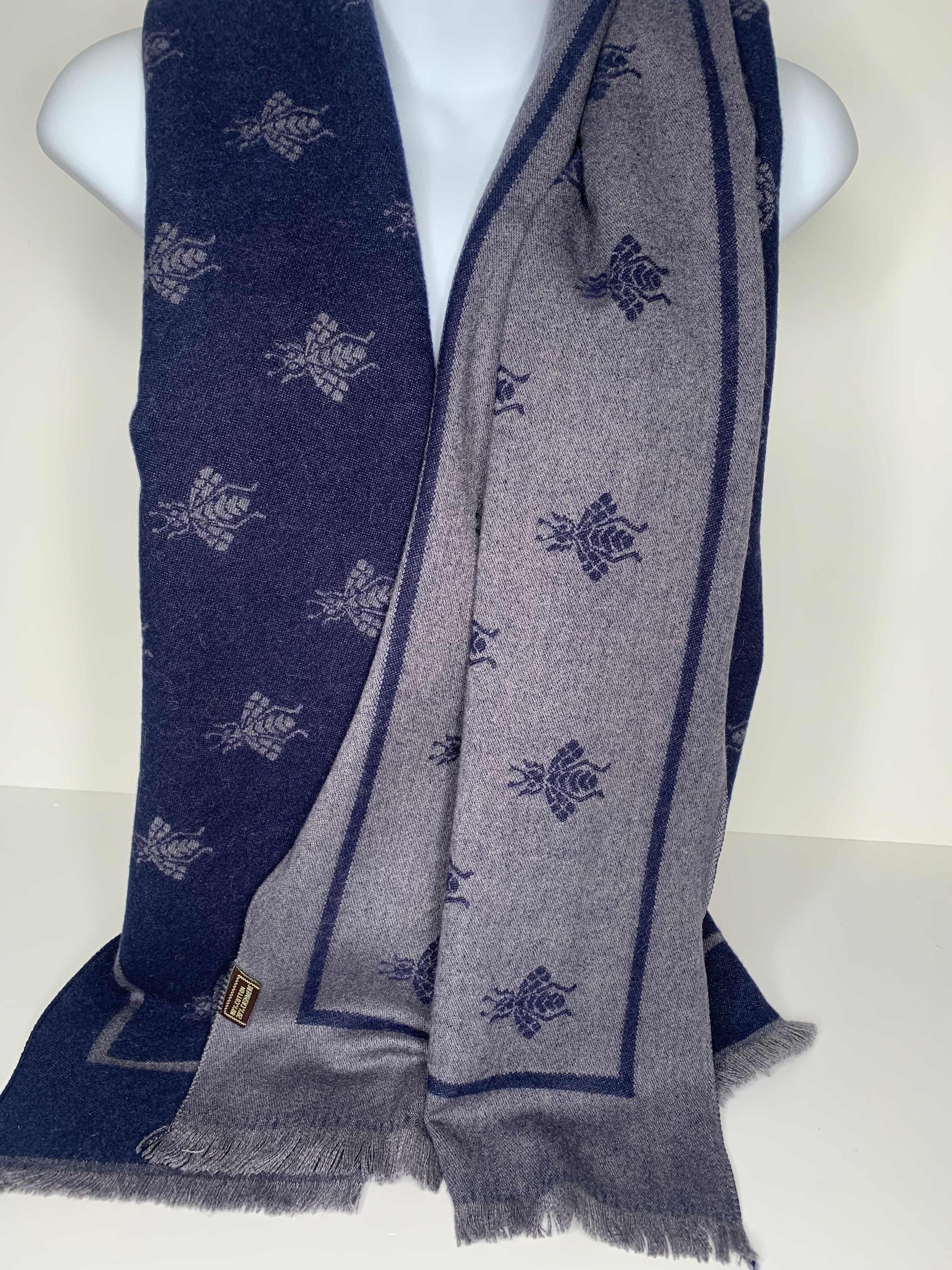 Reversible, cashmere blend bee print scarf in navy and grey