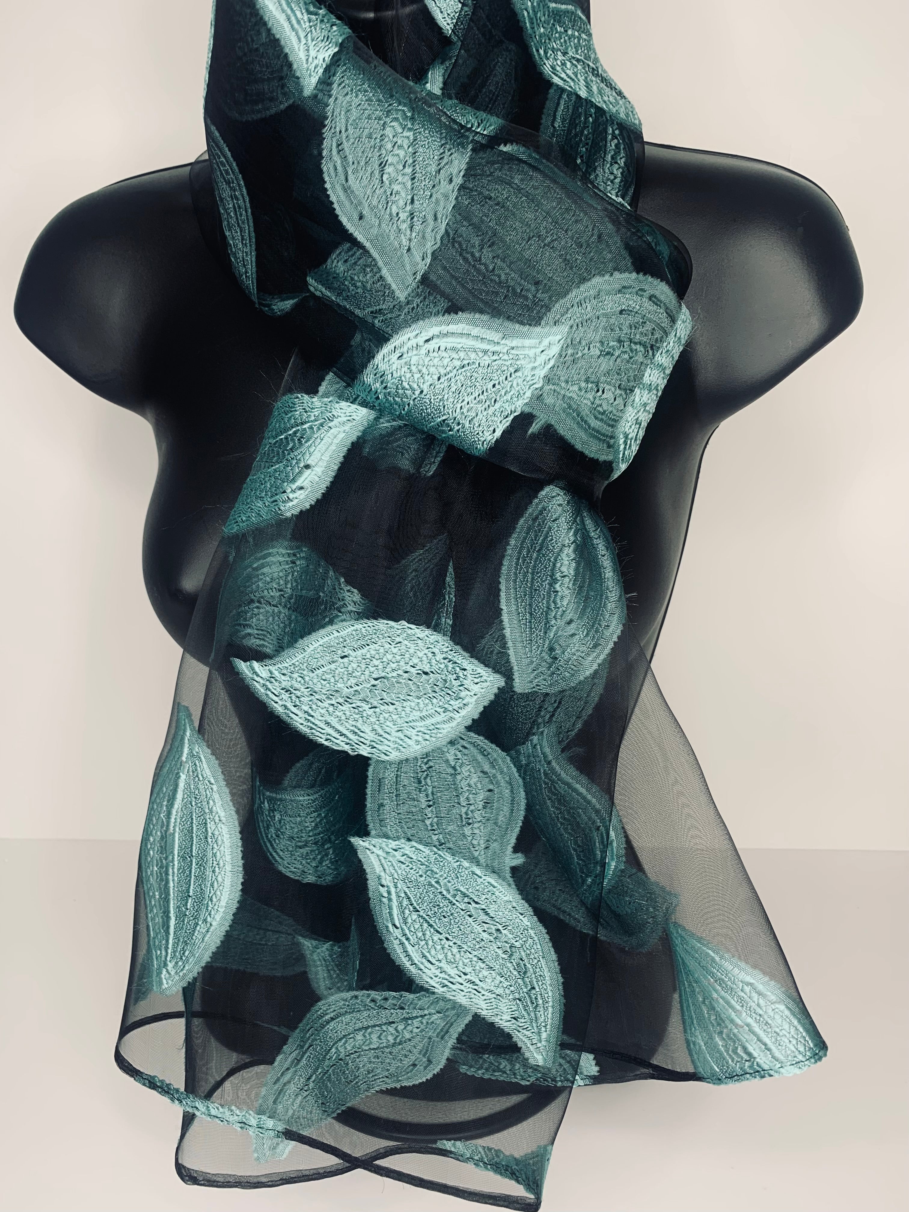 30% Silk voile scarf with leaf print in baby blue