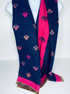 Reversible, cashmere-feel bee print scarf in navy and fuchsia