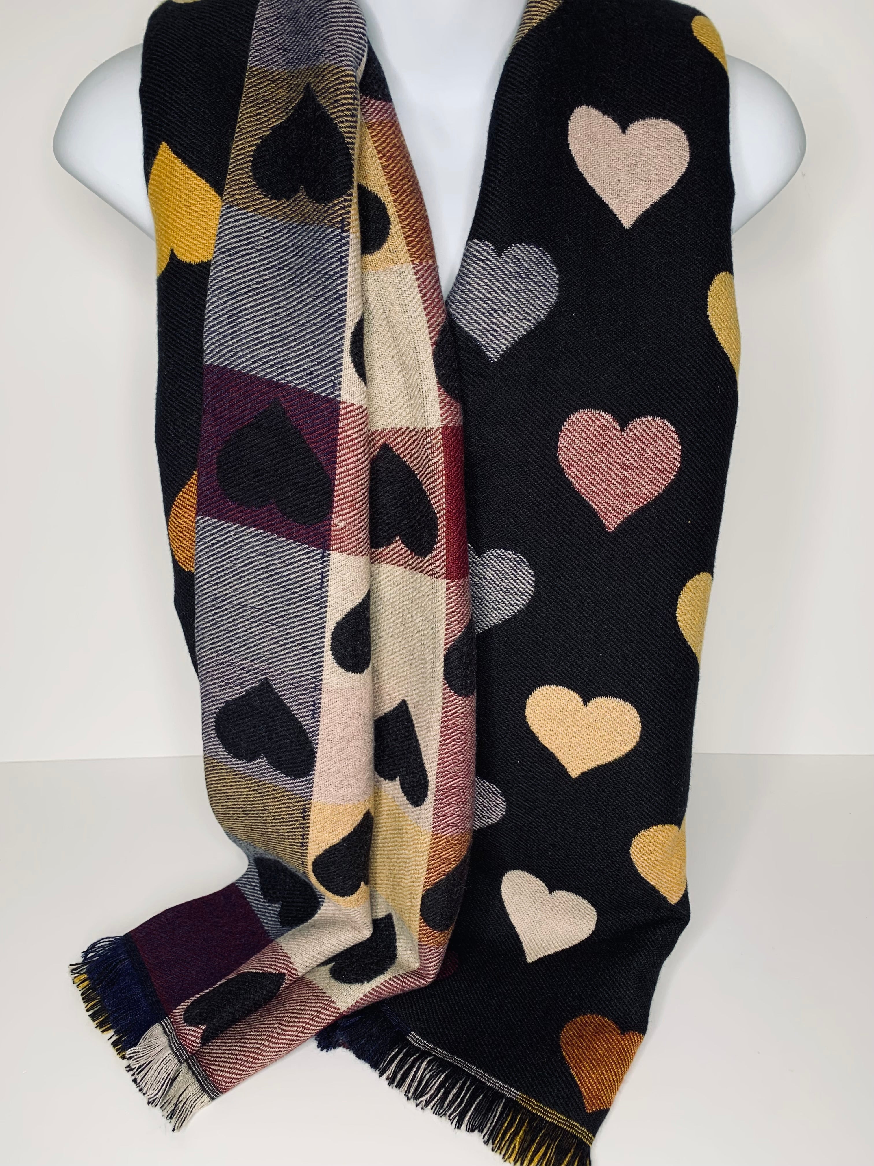 Reversible, cashmere-feel heart and tartan print scarf in black, mustard and burgundy