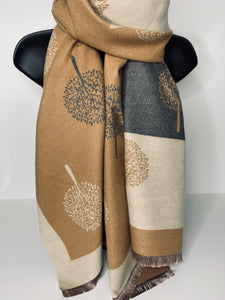 Cashmere-blend, super soft, striped, reversible grey, camel and cream tree of life scarf