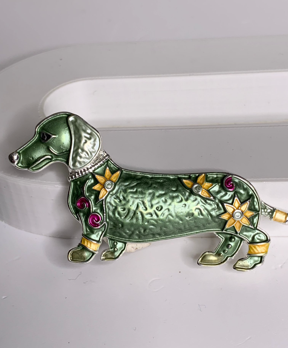 Magnetic brooch & scarf clip - 'sausage dog' design in shades of shiny silver, green, mustard and hints of dark red
