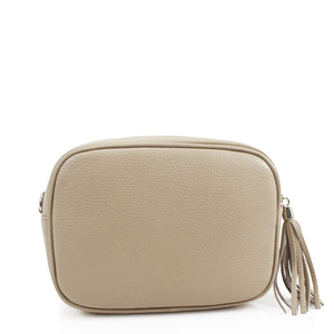 Genuine Italian Leather cross-body bag with tassel detail in taupe