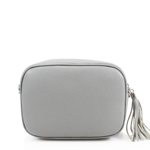 Genuine Italian Leather cross-body bag with tassel detail in light grey