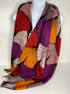 Wool-blend, super soft, palm fan print scarf in shades of orange, red and cream