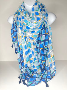 Blue, white and green harlequin print scarf with tassel ends