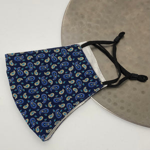Blue paisley design face mask with adjustable earstrings