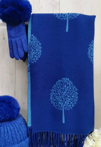 Cashmere-blend, super soft, reversible navy/aqua tree of life scarf