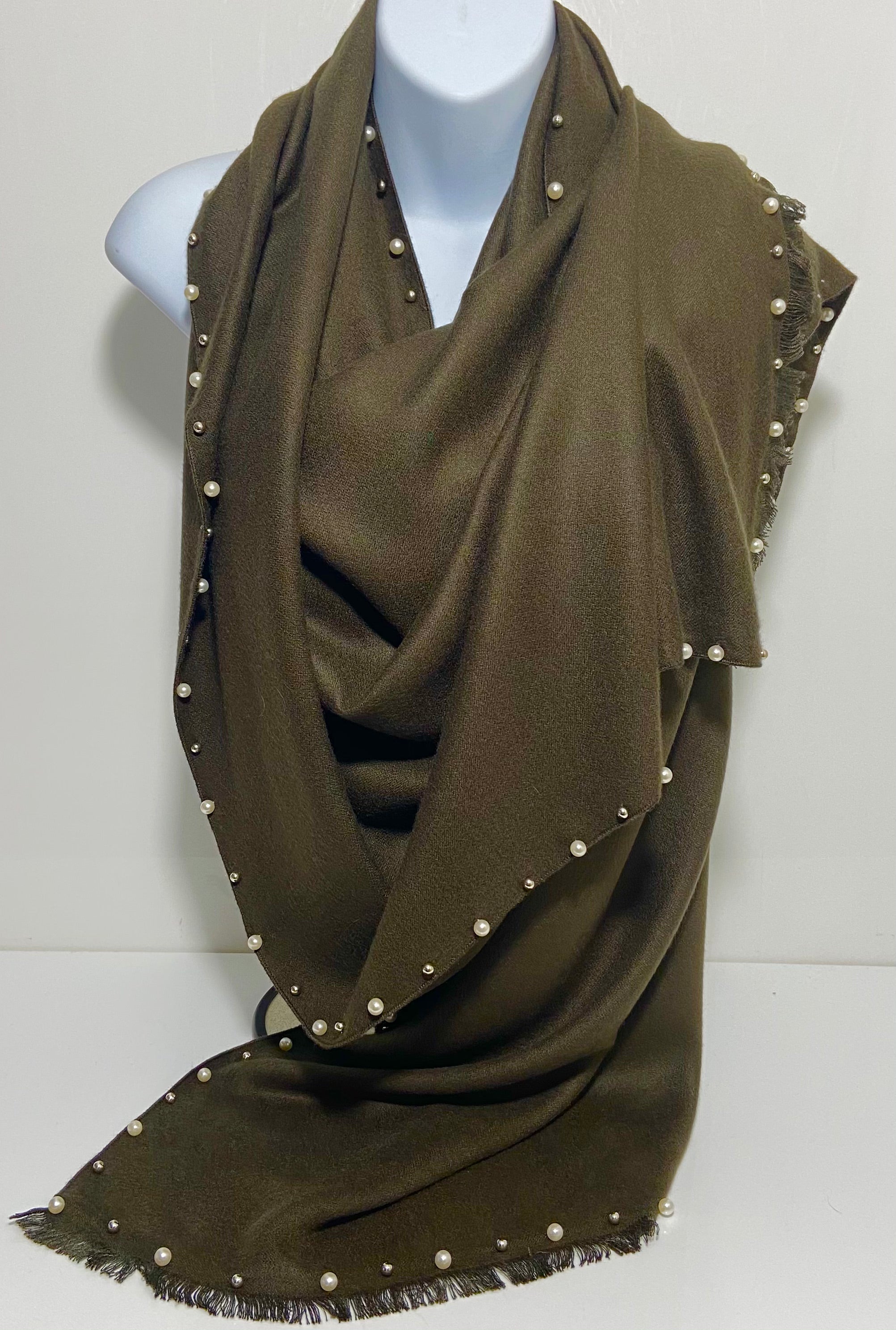Super soft, studded pearl edge scarf in dark olive green