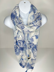 Denim blue and white butterfly print scarf