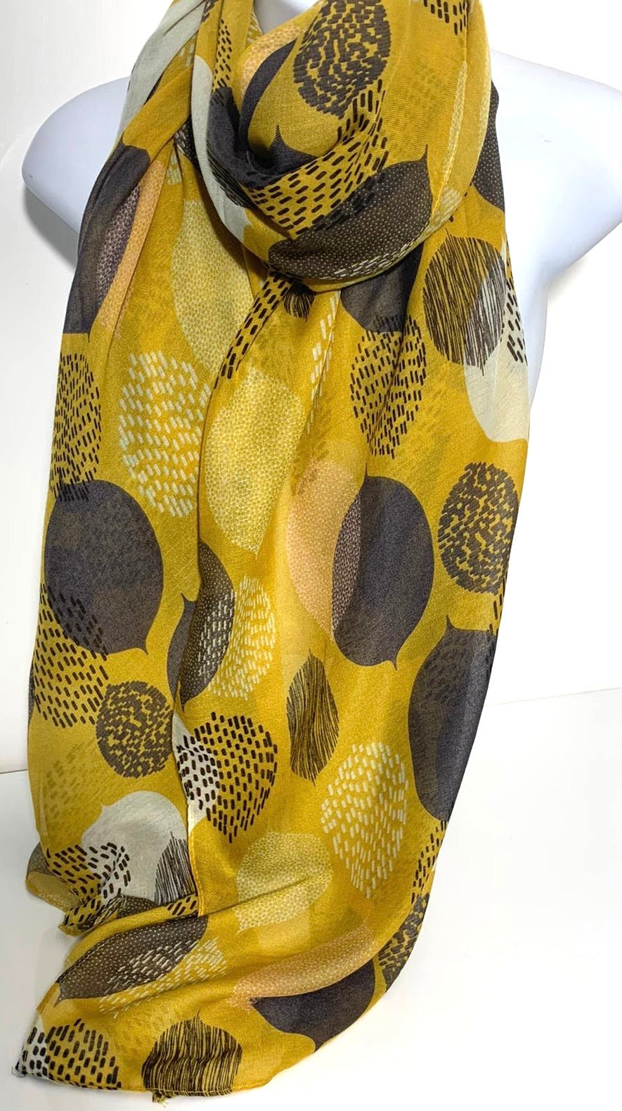 Mustard, white and brown scarf with leaf design