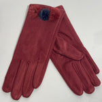 Burgundy tri pom-pom faux fur gloves