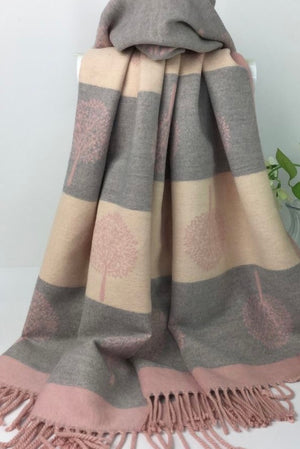 Cashmere-blend, super soft, striped, reversible pink, grey and cream tree of life scarf