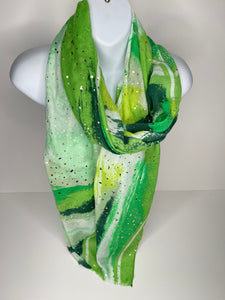 Forest green, lime green and bright green silver foil print scarf