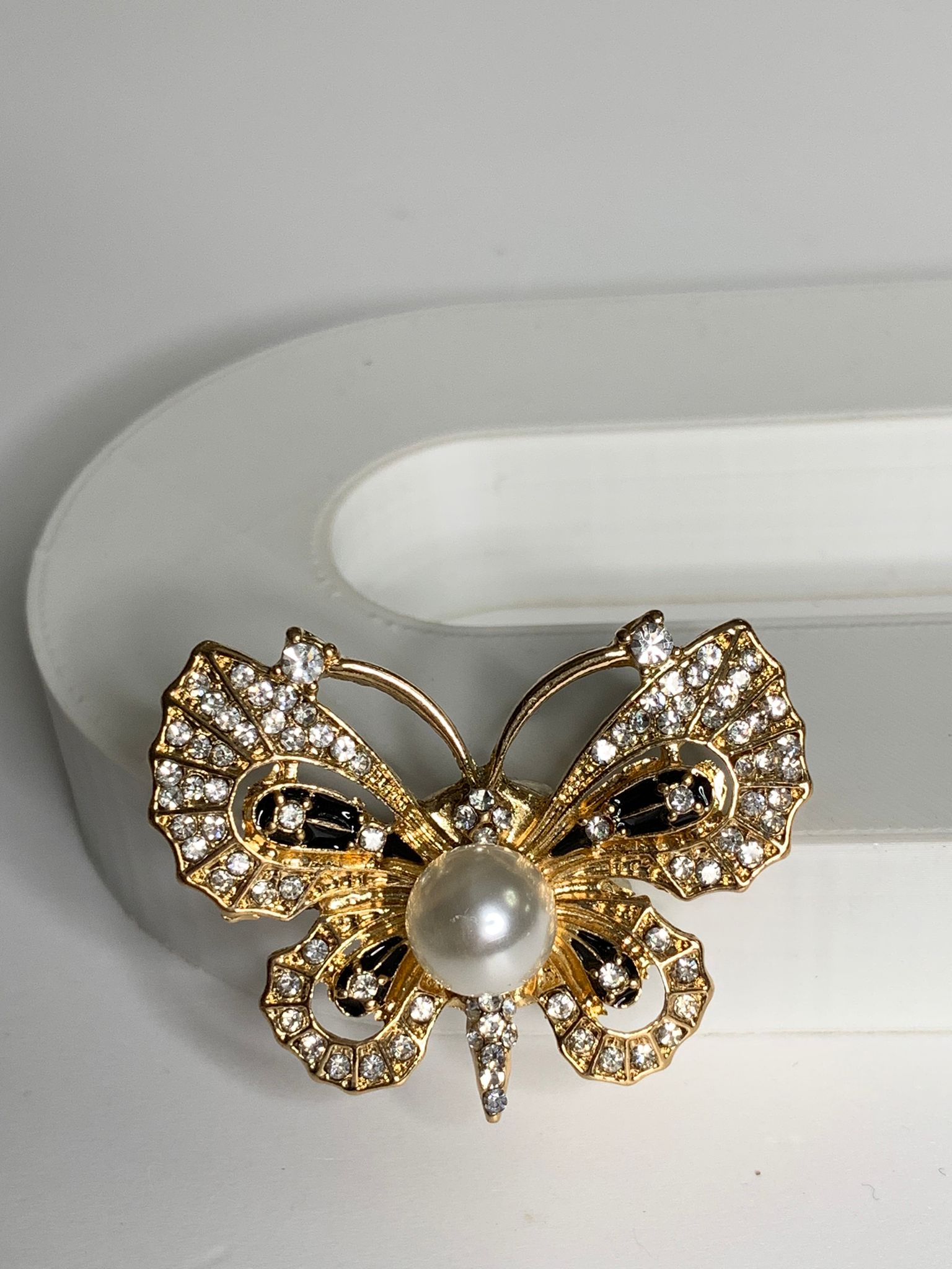Magnetic brooch & scarf clip - 'pearl butterfly' design in shades of shiny gold, diamanté silver and pewter