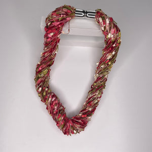 Magnetic twist scarf necklace, in colours of red, lime green and cream