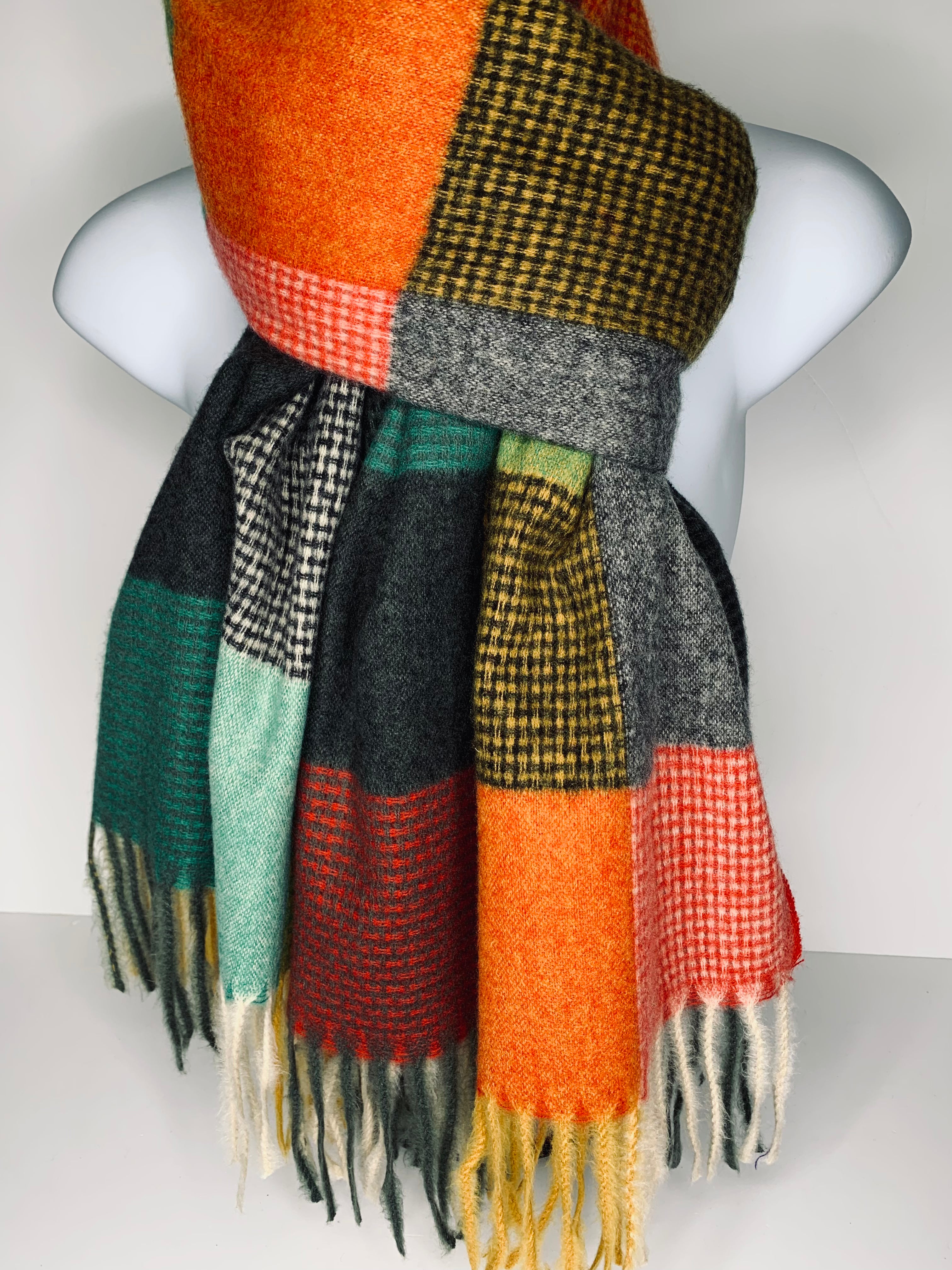 Wool mix, textured, red, green, mustard and grey scarf