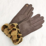 Taupe coloured leopard print cuff faux fur gloves