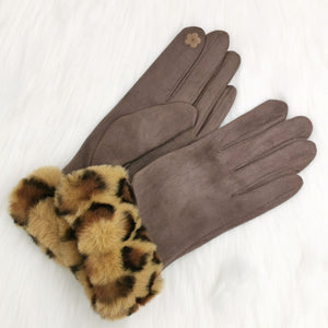 Taupe coloured leopard print cuff faux fur gloves