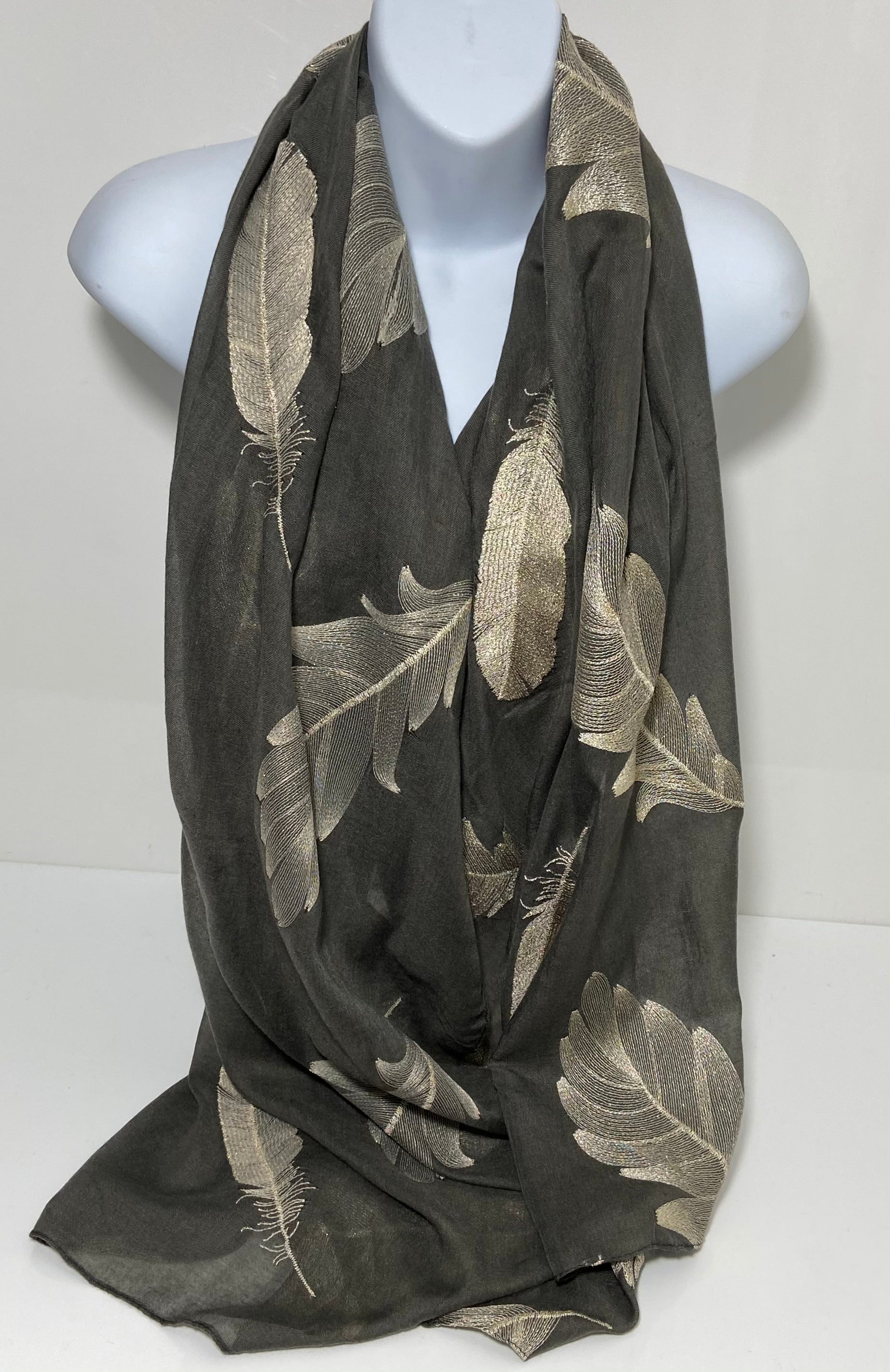 Embroidered feather scarf in grey