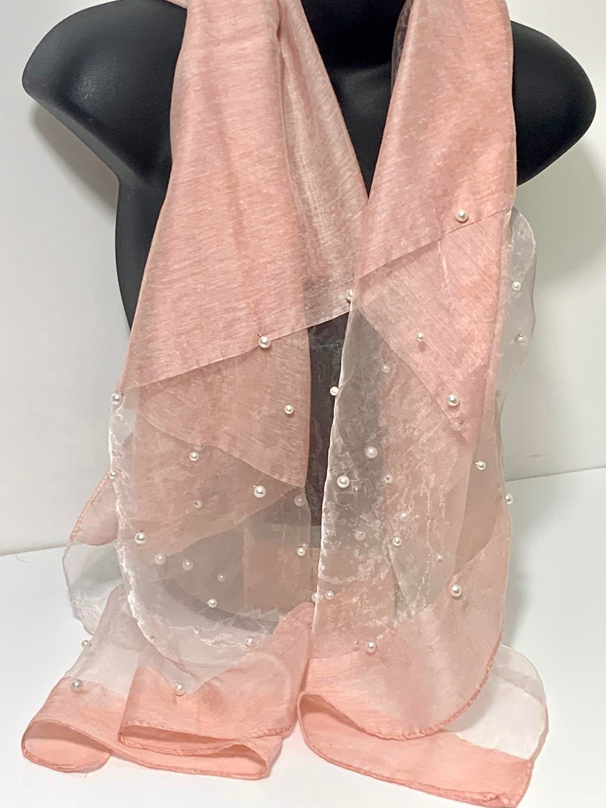 Silk-mix, studded pearl edge voile scarf in pink