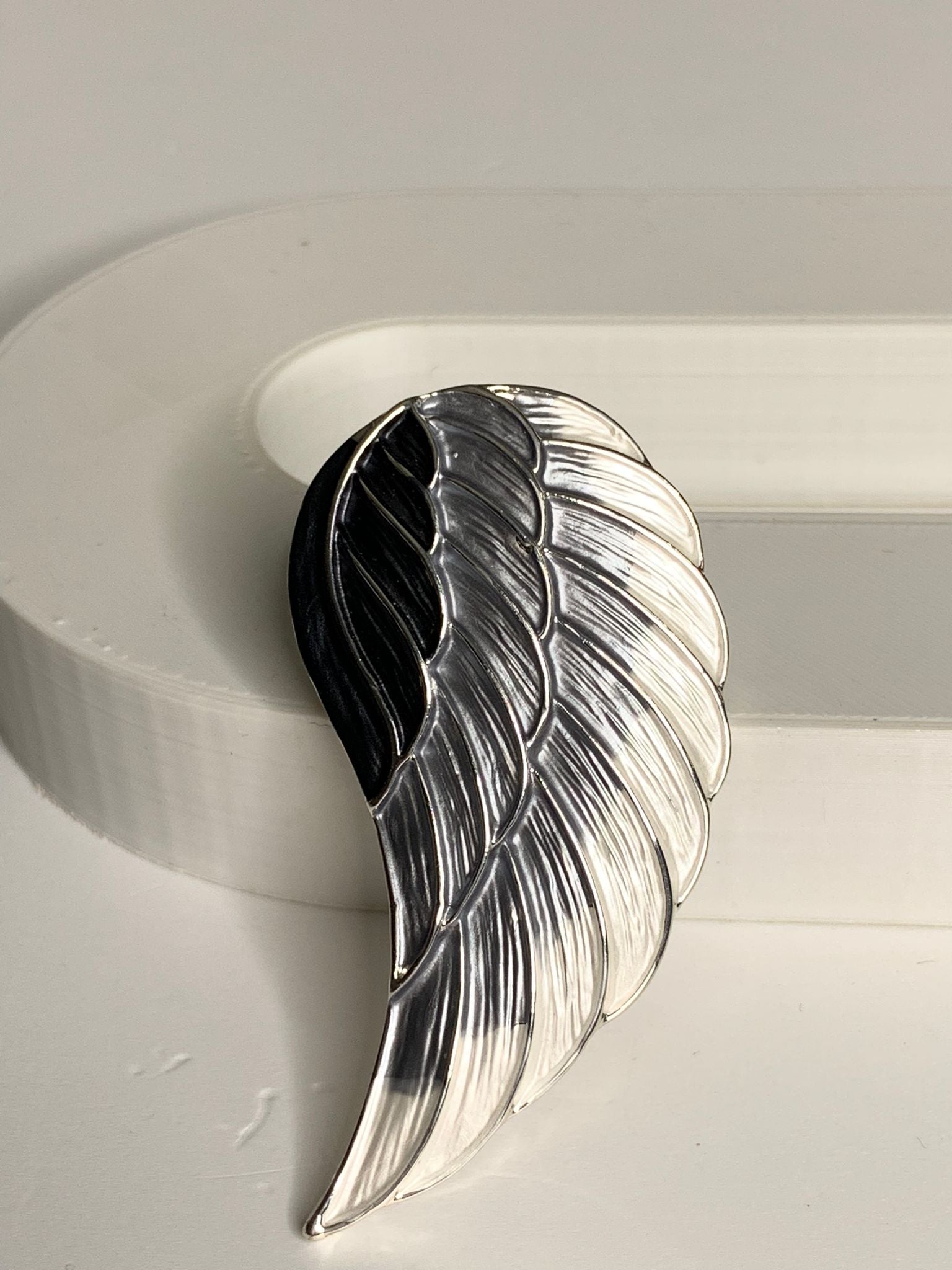 Magnetic brooch & scarf clip - 'angel wing' design in shades of shiny silver, matte black, matte grey and matte white